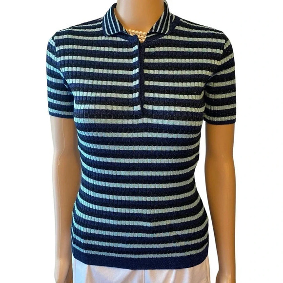 NWT Zara Knit Blue Striped Metallic Short Sleeves Sweater Women Size M Stretch - Picture 1 of 5